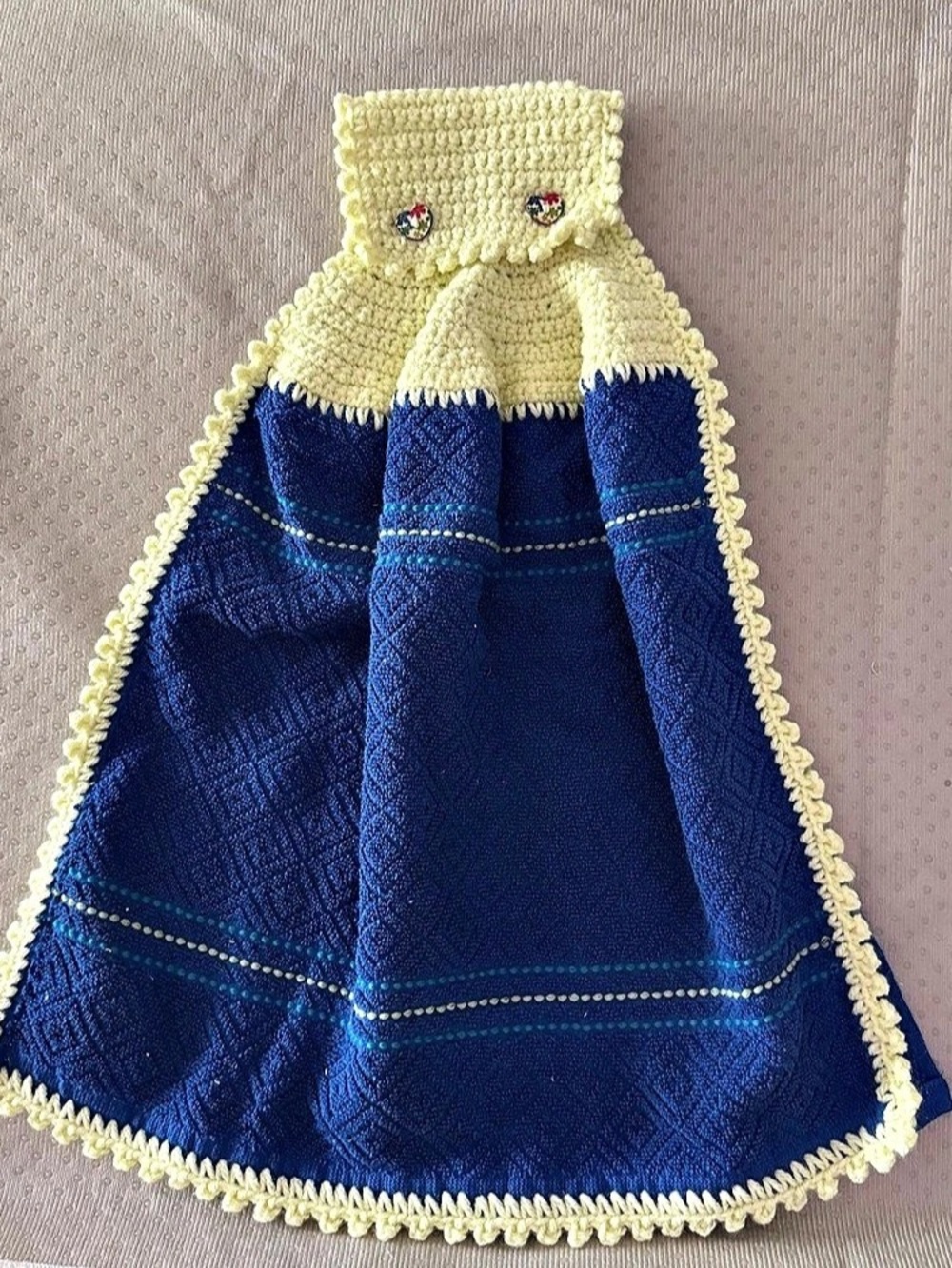 Artisan Handmade Crochet Hanging Kitchen Towel Cobalt Buttercream Floral